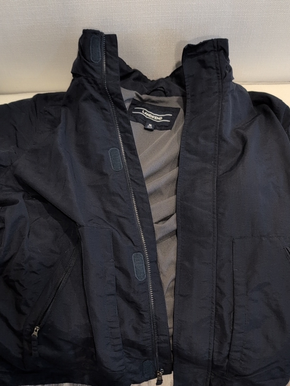 Lands End Mens Windbreaker Jacket Navy Blue‎ Medium Rollaway Hood Excellent Cond
